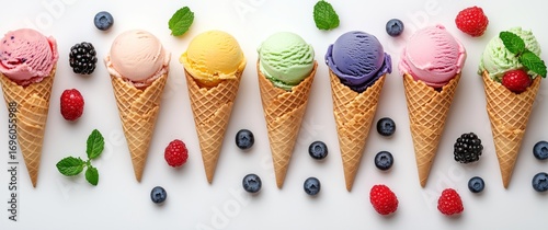 Colorful Ice Cream Cones Displayed on a White Surface With Fruits and Mint Le...