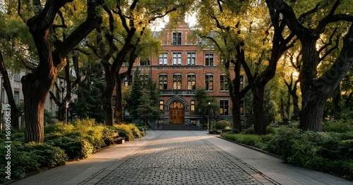Evening Light Casts a Warm Glow on a Historic Building Surrounded by Lush Tre...