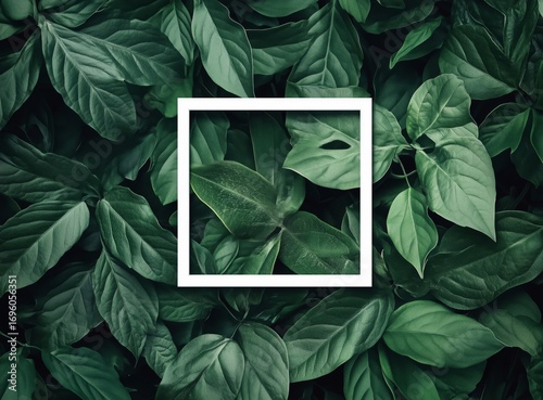 Lush Green Leaves Surround a White Square Frame in a Vibrant Natural Setting
