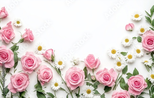 Beautiful Arrangement of Pink Roses and White Daisies on a Clean Background f...