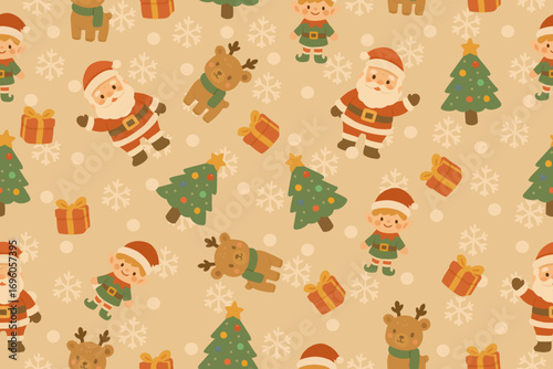 Cute Christmas seamless pattern with Santa, reindeer, elves, gifts, snowflakes, and trees on beige background. Perfect for holiday wrapping paper, cards, and festive décor.