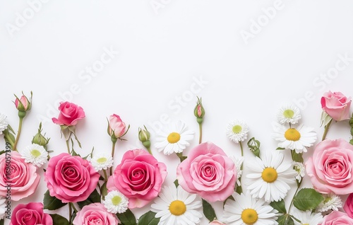 Beautiful Arrangement of Pink Roses and Daisies on a White Background for Dec...