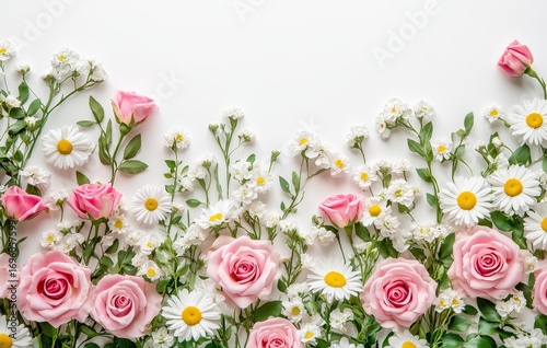 Beautiful Arrangement of Pink Roses and Daisies on a White Background for Dec...