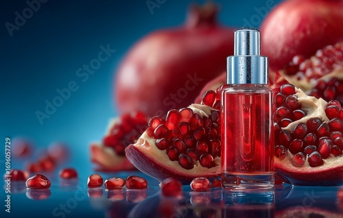 Pomegranate Essence Bottle Beside Fresh Pomegranates on Vibrant Blue Background