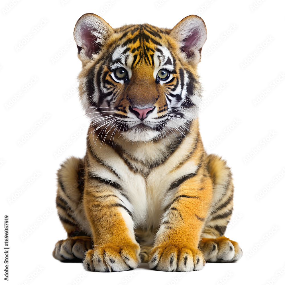 Obraz premium Closeup of a cute tiger cub sitting isolated on transparent background, showcasing its striking orange and black stripes and captivating blue eyes