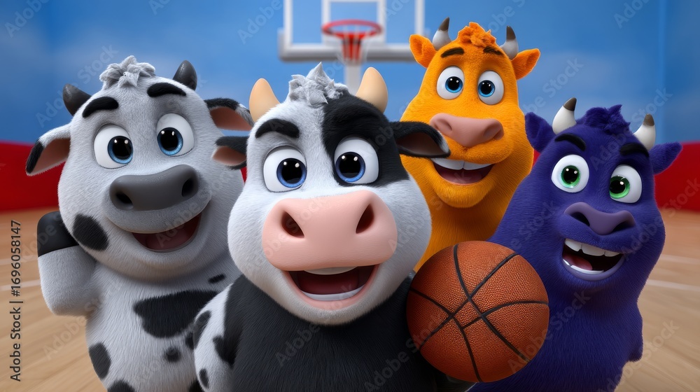 Obraz premium Cartoon Cows Joyfully Posing with a Basketball on a Colorful Court with Friends