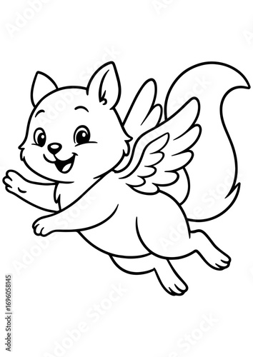 Black and white vector illustration of a cute cartoon squirrel with wings, ideal for engraving, prints, laser cutting, and creative projects