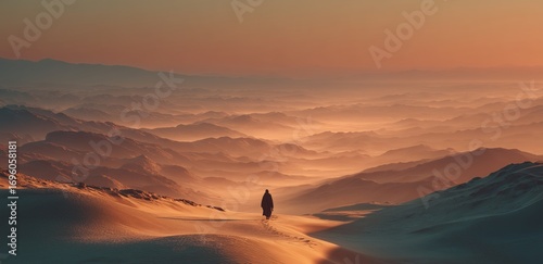 Wanderer Explores Vast Snowy Landscape at Sunset.
