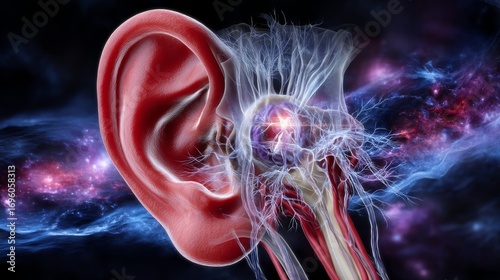 Close-Up of Human Ear Anatomy with Glowing Elements and Abstract Cosmic Background