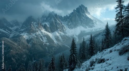 Majestic Mountain Landscape Under Cloudy Sky in Winter With Snow-Covered Peak...