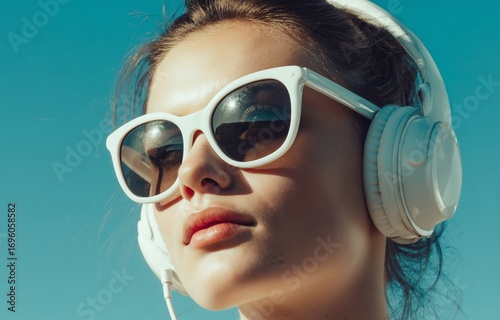 Young Woman Enjoys Music Outdoors in Sunny Weather With Stylish Sunglasses an...