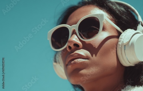 Young Woman Enjoys Music Outdoors in Sunny Weather With Stylish Sunglasses an...