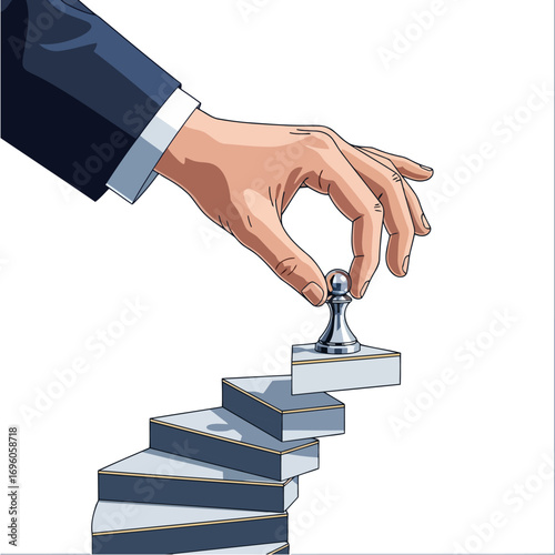 Career Growth - Professional hand placing a game token on a spiral staircase, symbolizing business achievement, progress, and professional development.