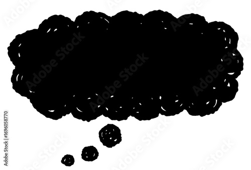 もやもやした手描きのふきだし。黒い吹き出し。悩み、考えているフキダシ。