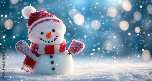 Snowman With a Red Hat and Scarf Stands Cheerfully in Falling Snow During a W...