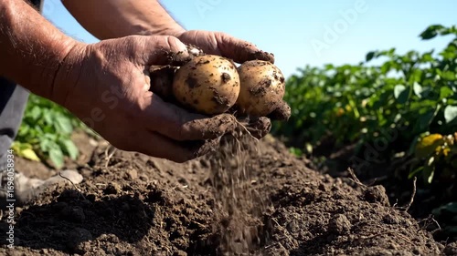 Farmer hands hold fresh potatoes from organic farm showing harvest season this healthy vegetable is a natural food source this is a great agriculture crop