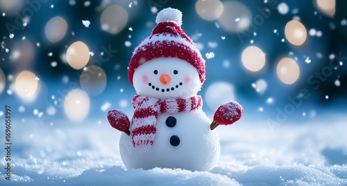 Snowman With a Red Hat and Scarf Stands Cheerfully in Falling Snow During a W...