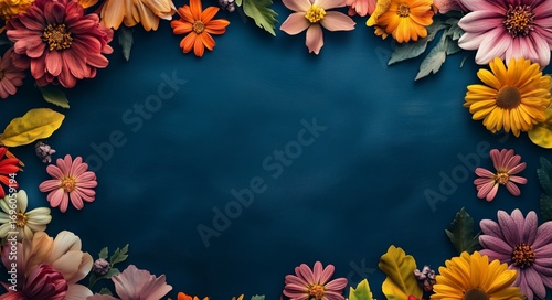 Colorful Array of Flowers Arranged on a Dark Blue Background Creating a Decor...