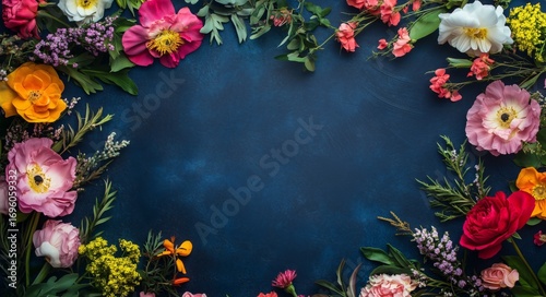Colorful Flower Arrangement on a Dark Blue Background for Decoration or Desig...