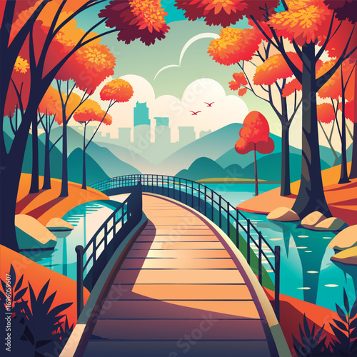 Autumnal park bridge scene with city view.