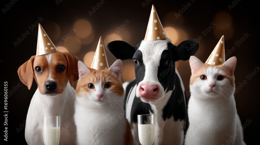 Fototapeta premium Cute dogs and cats celebrating friendship at a festival portrait of farmyard animals in party hats cheerful environment