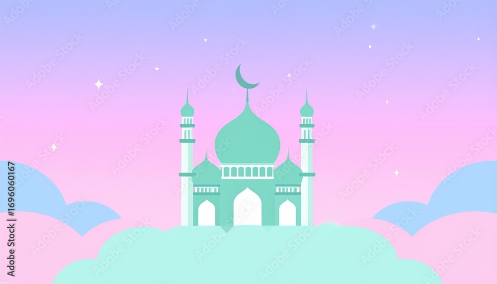 Fototapeta premium Serene pastel mosque silhouette floats among dreamy clouds under a twilight sky with twinkling stars, evoking peace and spiritual wonder for Islamic holidays and celebrations.