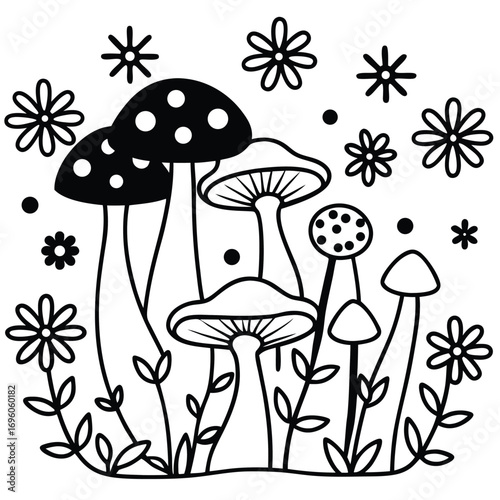 Hand drawn mushrooms and flowers make an earthy and whimsical monochrome outline artwork