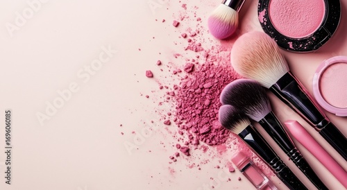 Brushes and Pink Cosmetics Laid out on a Light Background for Makeup Application