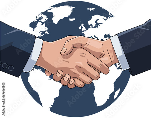 Global Diplomacy - Professional handshake over a map, symbolizing international partnership, negotiation, and global cooperation.