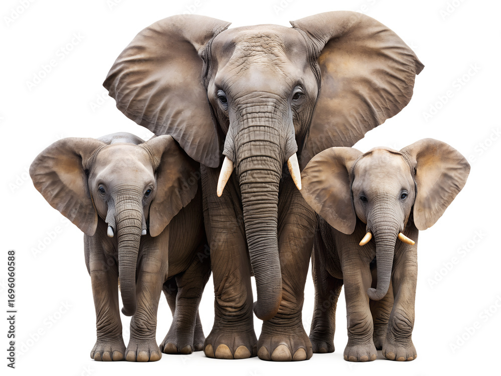 Fototapeta premium Elephant family isolated on transparent background a large adult elephant with two baby elephants standing together looking at the camera