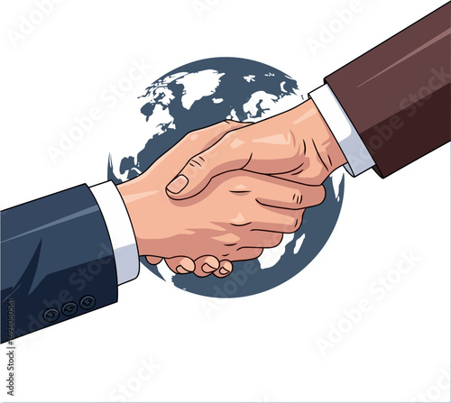 Collaborative Negotiation - Professional handshake over a globe, symbolizing a global deal and foreign relations.