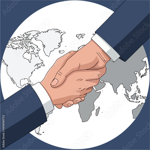 Worldwide Agreement - Professional handshake over a globe, symbolizing a global deal and strong foreign relations.