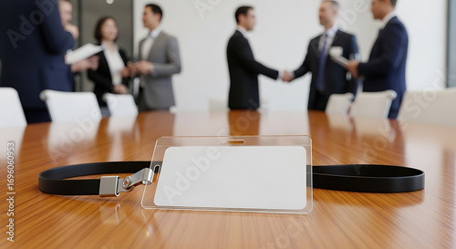Blank identification badge and lanyard on a wooden boardroom table with business people shaking hands and networking in the blurred background