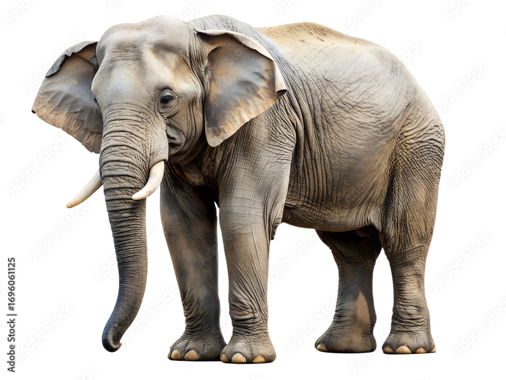 Fototapeta premium A magnificent elephant isolated on transparent background, displaying its impressive size and unique features, a true wonder of the natural world
