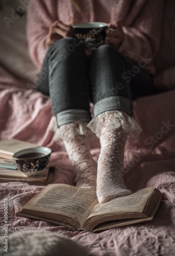 Cozy Afternoon With Coffee, a Book, and Comfortable Socks in a Warm Setting