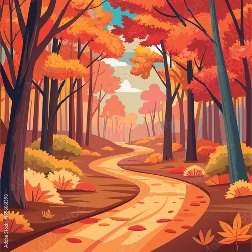 Autumnal path winds through colorful forest.