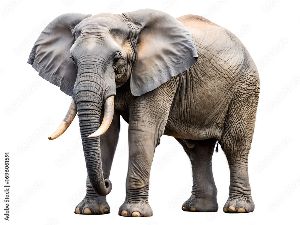 Obraz premium Majestic african elephant standing tall isolated on transparent background, showcasing its impressive tusks and wrinkled skin in a captivating wildlife portrait