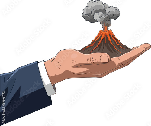 Disaster Relief - Professional hand supporting a volcano, symbolizing humanitarian aid and support in a time of crisis.