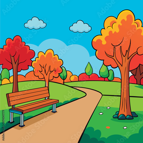 Vector illustration of a Autumn park bench scene.