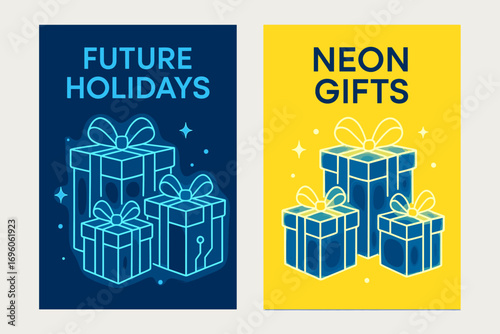 Two vertical A6 banners flat vector design neon blue and backgrounds futuristic christmas gifts glowing sci fi theme first banner with text Future Holidays second banner with text Neon.