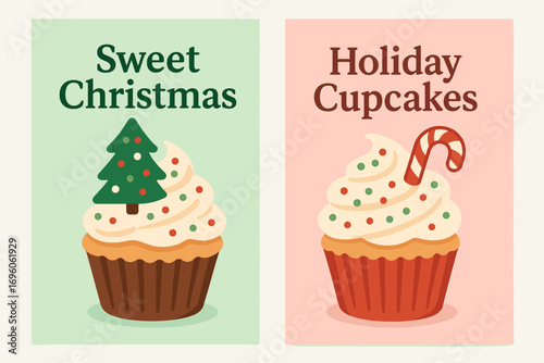 Two vertical A6 banners flat vector design pastel green and pink backgrounds christmas cupcakes with sprinkles cute festive sweets first banner with text Sweet Christmas second banner with.