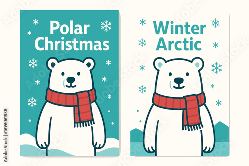 Two vertical A6 banners flat vector design turquoise and white backgrounds polar bears with scarves arctic christmas theme first banner with text Polar Christmas second banner with text.