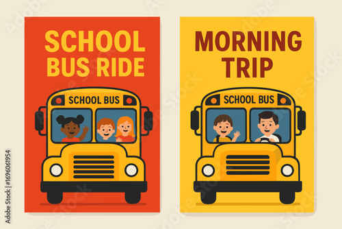 Two vertical A6 banners flat vector design red and backgrounds big school bus with happy children transportation theme first banner with text School Bus Ride second banner with text Morning.