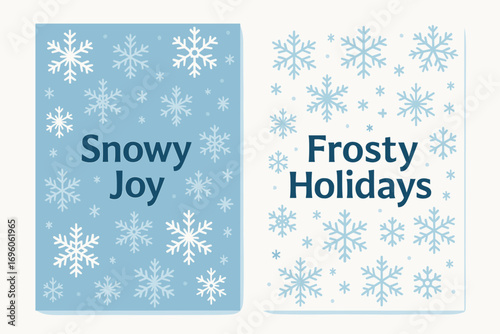 Two vertical A6 banners flat vector design light blue and white backgrounds snowflakes seamless pattern frosty minimal theme first banner with text Snowy Joy second banner with text Frosty.
