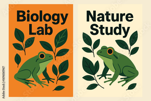 Two vertical A6 banners flat vector design orange and cream backgrounds biology lab frogs and leaves first banner with text Biology Lab second banner with text Nature Study text clear.