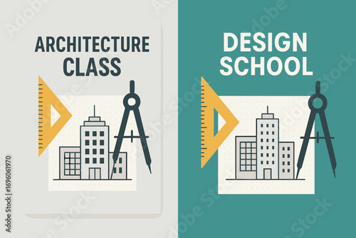 Two vertical A6 banners flat vector design silver and teal backgrounds architecture theme with ruler compass and building sketch first banner with text Architecture Class second banner with.
