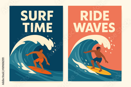 Two vertical A6 banners flat vector design navy and coral backgrounds surfers riding big waves summer water sport first banner with text Surf Time second banner with text Ride Waves text.