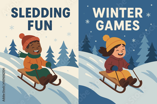 Two vertical A6 banners flat vector design cream and blue backgrounds kids sledding down snowy hill fun winter theme first banner with text Sledding Fun second banner with text Winter Games.