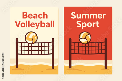 Two vertical A6 banners flat vector design cream and red backgrounds beach volleyball net with ball summer sport first banner with text Beach Volleyball second banner with text Summer Sport.