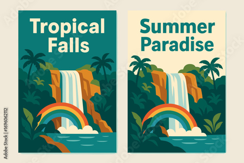 Two vertical A6 banners flat vector design teal and cream backgrounds tropical waterfall with rainbow summer paradise first banner with text Tropical Falls second banner with text Summer.